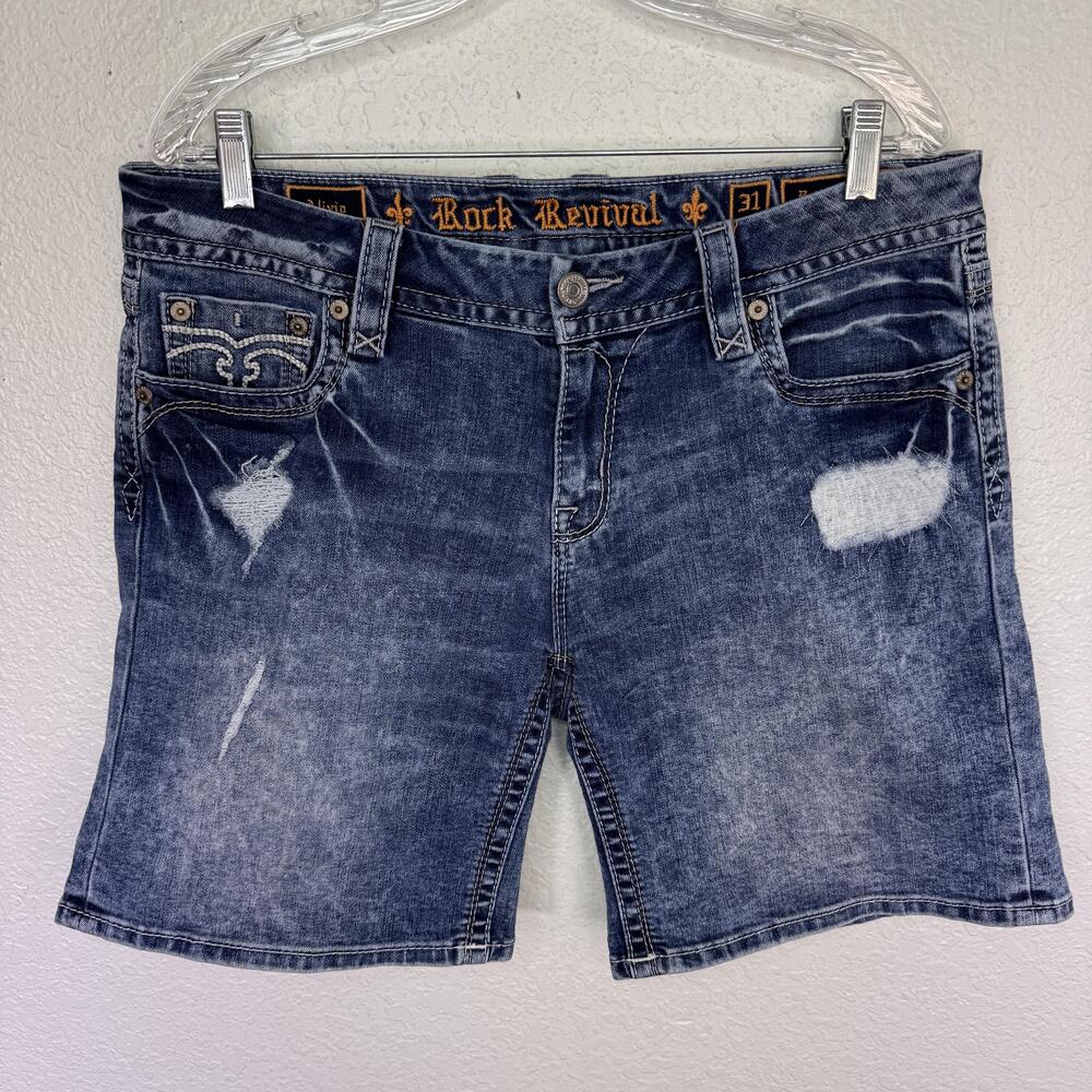 Rock Revival Shorts Womens 31 Alivia Easy Bermuda Distressed Denim Jean Blue